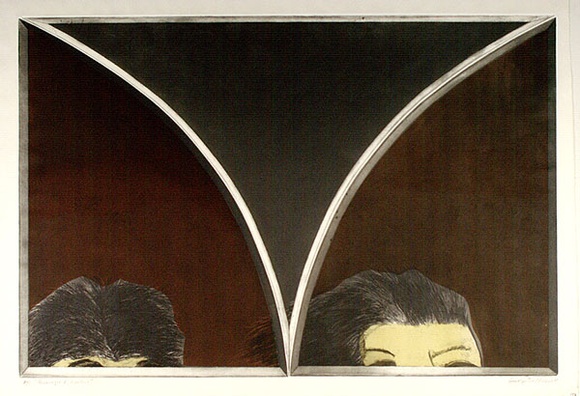 Artist: b'BALDESSIN, George' | Title: b'Personages and gothic I.' | Date: 1969 | Technique: b'etching and aquatint, printed in black ink, from three shaped plates; stencil, printed in colour from four stencils'