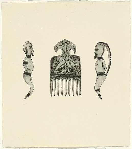 Title: b'Not titled [comb and two figures]' | Technique: b'etching, printed in black ink, from three shaped plates'