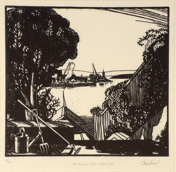 Artist: FEINT, Adrian | Title: Old Milson's Point, Sydney 1927. | Date: 1927 | Technique: linocut, printed in black ink, from one block | Copyright: Courtesy the Estate of Adrian Feint