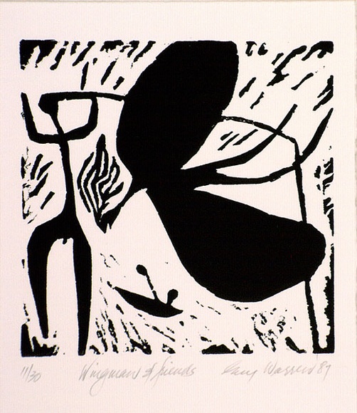 Artist: b'Warren, Guy.' | Title: b'Wing man and friends.' | Date: 1987 | Technique: b'linocut, printed in black ink, from one block'