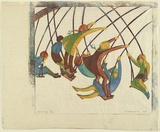 Artist: Spowers, Ethel. | Title: Swings | Date: 1932 | Technique: linocut, printed in colour, from four blocks (yellow ochre, cobalt blue, light green, reddish brown)
