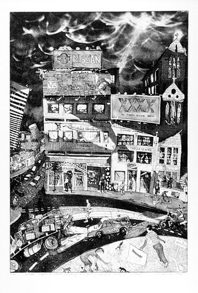 Artist: b'McBurnie, Ron.' | Title: b'Still searching for a Gallery: Fortitude Valley 9 pm Friday' | Date: 1989 | Technique: b'etching, and aquatint, printed in black ink, from one zinc plate' | Copyright: b'\xc2\xa9 Ron McBurnie'