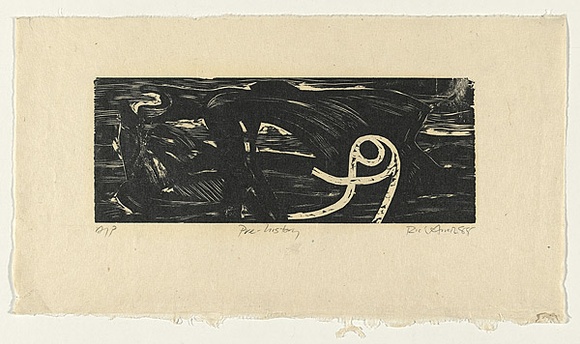 Artist: b'AMOR, Rick' | Title: b'Pre-history.' | Date: 1988 | Technique: b'woodcut, printed in black ink, from one block'