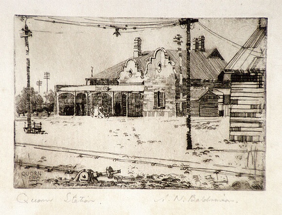 Artist: b'Baldwinson, Arthur.' | Title: b'Quorn Station.' | Date: 1928 | Technique: b'etching, printed in dark brown ink with plate-tone, from one  plate'