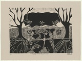 Artist: Hobson, Silas. | Title: Hunting at the red point mouth | Date: 1997, July | Technique: linocut, printed in black ink, from one block
