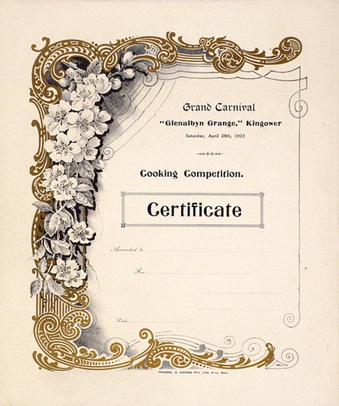 Title: bGrand carnival, 'Glenalbyn Grange', Kingower cooking competition certificate | Date: 1923 | Technique: b'lithograph, printed in colour, with gold'