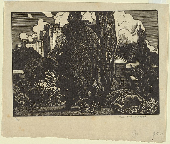 Artist: b'Sherwood, Maud.' | Title: b'Macquarie Street from the Gardens.' | Date: 1934 | Technique: b'wood-engraving, printed in black ink, from one block'