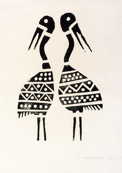 Artist: b'TUNGUTALUM, Bede' | Title: b'Two standing birds' | Date: 1970 | Technique: b'woodcut, printed in black ink, from one block'