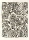 Artist: b'Wungi, Cecil King.' | Title: b'not titled [composition with people, an axe and birds]' | Date: c.1978 | Technique: b'photo-screenprint, printed in black ink, from one stencil'