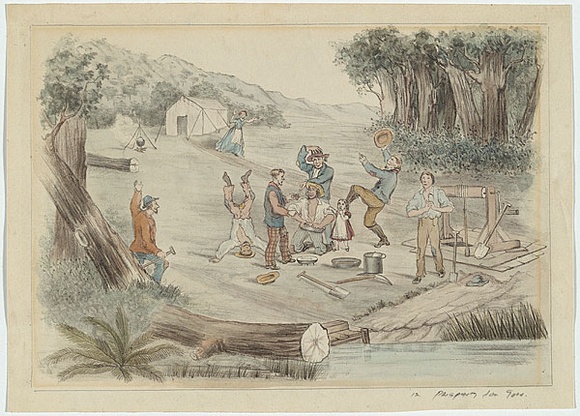Title: b'Prospecting for gold.' | Date: c.1865 | Technique: b'lithograph, printed in black ink, from one stone; hand-coloured'