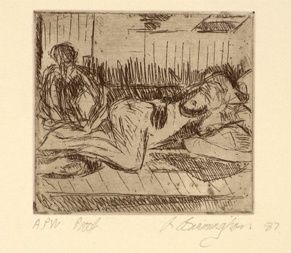Artist: b'Birmingham, Richard.' | Title: b'not titled [reclining figure]' | Date: 1987 | Technique: b'etching, printed in black ink, from one plate'