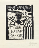 Artist: KEAN, John | Title: What happened to our native forests. (Poster for Environment Protest Street Exhibition and Street Theatre, Morwell, Victoria | Date: (1976) | Technique: linocut, printed in black ink, from one block