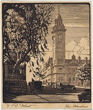 Artist: b'Eldershaw, John.' | Title: b'G.P.O. Hobart.' | Date: c.1931 | Technique: b'woodcut, printed in colour, from two blocks'