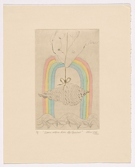 Artist: b'JOSE, Ellen' | Title: b'Some-where over the rainbow.' | Date: 1993 | Technique: b'etching and drypoint, printed in black ink with plate-tone, from one plate; hand-coloured with gold paint'