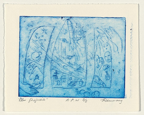 Artist: b'DOUMANY, Mary' | Title: b'Blue projectile' | Date: 1999, October | Technique: b'engraving, printed in blue ink, from one perspex plate'