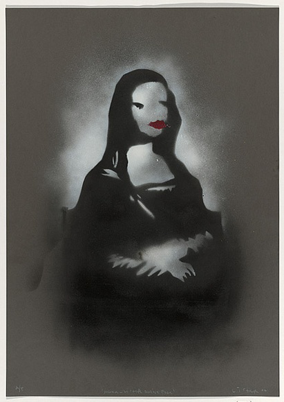 Artist: b'Lister, Anthony.' | Title: b'Mona Lisa doesnt pose.' | Date: 2004 | Technique: b'stencil, printed in black and white aerosol paint, from multiple stencils;  hand-coloured with red ink'