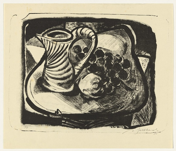 Artist: b'SELLBACH, Udo' | Title: b'(Still life with jug and fruit)' | Date: 1951 | Technique: b'lithograph, printed in black ink, from one stone [or plate]'