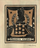 Artist: FEINT, Adrian | Title: Bookplate: Francis Clune. | Date: (1931) | Technique: wood-engraving, printed in colour, from two blocks in black and tan inks | Copyright: Courtesy the Estate of Adrian Feint
