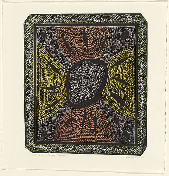 Artist: b'MOTLOP, Victor' | Title: b'Waru Kakaru Tonnarr' | Date: 2000 | Technique: b'linocut, printed in black ink, from one block'