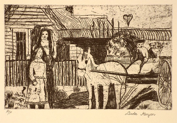 Artist: b'Kenyon, Linda.' | Title: b'not titled [figures, house, horse and buggy]' | Date: 1990s | Technique: b'etching, printed in black ink, from one plate'