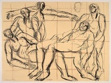 Artist: Furlonger, Joe. | Title: Deposition (5 figures in black with brown grid) | Date: 1989 | Technique: lithograph, printed in colour, from two stones (black and red)