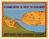 Artist: b'EARTHWORKS POSTER COLLECTIVE' | Title: bCleanliness is next to godliness - Keep God's own workshop clean | Date: 1976 | Technique: b'screenprint, printed in colour, from multiple stencils'