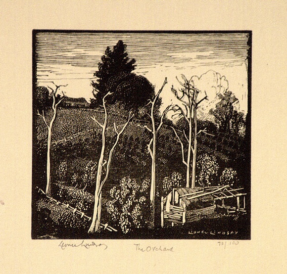 Artist: b'LINDSAY, Lionel' | Title: b'The orchard' | Date: 1925 | Technique: b'wood-engraving, printed in black ink, from one block' | Copyright: b'Courtesy of the National Library of Australia'