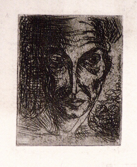 Artist: b'Barwell, Geoff.' | Title: b'(Head).' | Date: (1955) | Technique: b'etching, printed in dark brown ink with plate-tone'