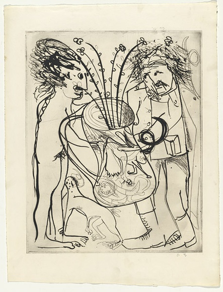 Artist: b'BOYD, Arthur' | Title: bPotter with ram's horns. | Date: (1968-69) | Technique: b'etching, printed in black ink, from one plate' | Copyright: b'Reproduced with permission of Bundanon Trust'