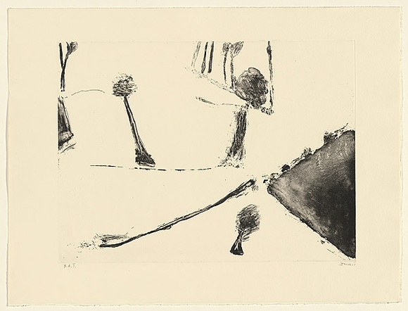 Artist: b'Murphey, Idris.' | Title: b'Not titled [ambiguous landscape- trees around edge, three centre trees and hill on right].' | Date: 2002 | Technique: b'etching and open-bite, printed in black ink, from one plate'