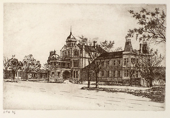 Artist: b'Stockfeld, R.H.' | Title: b'The homeopathic hospital' | Date: c.1935 | Technique: b'etching, printed in black ink, from one plate'