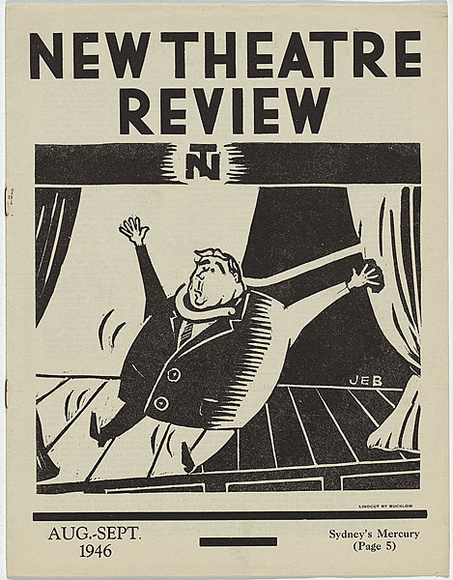 Artist: b'Bucklow, J.E.' | Title: b'(frontcover) New theatre review: August-September 1946.' | Date: August-September 1946 | Technique: b'linocut, printed in black ink, from one block; letterpress text'