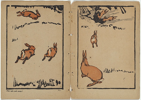 Artist: b'Rede, Geraldine.' | Title: b'not titled [flirt tails and away! Three leaping rabbits] [part image]' | Date: 1905 | Technique: b'woodcut, printed in colour in the Japanese manner, from multiple blocks' | Copyright: b'\xc2\xa9 Violet Teague Archive, courtesy Felicity Druce'