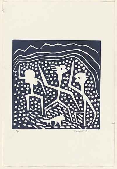 Artist: b'Deeaggadditt Phillips, Dennis.' | Title: b'Munmu' | Technique: b'linocut, printed in dark blue ink, from one block'