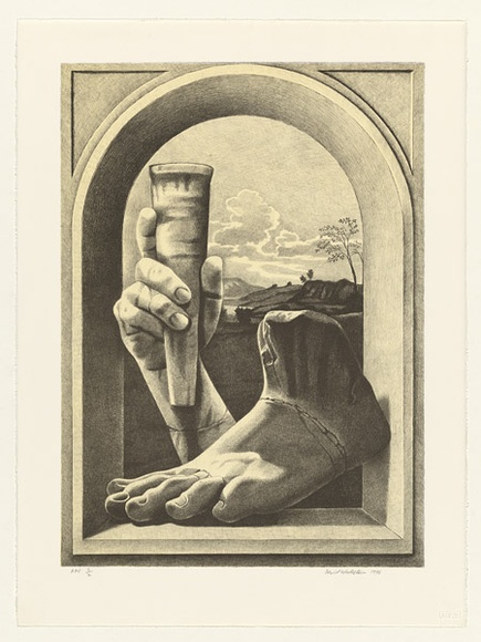 Artist: b'Wadelton, David.' | Title: b'Still life - hand and foot' | Date: 1996, October | Technique: b'lithograph, printed in black ink, from one stone; with cream tint'