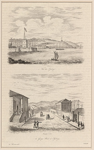 Title: b'Vue de Sydney and George Street \xc3\xa0 Sydney. [View of Sydney and George Street in Sydney]' | Date: 1835 | Technique: b'engraving, printed in black ink, from one steel plate'