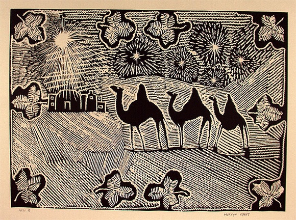 Artist: b'STREET, Mervyn' | Title: b'not titled (3 wise men - working title only)' | Date: 1995, August | Technique: b'linocut, printed in black ink, from one block'