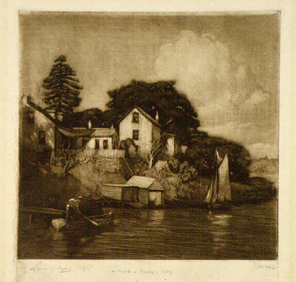 Artist: b'LINDSAY, Lionel' | Title: bA nook at Berry's Bay | Date: 1922 | Technique: b'mezzotint, printed in brown ink, from one plate' | Copyright: b'Courtesy of the National Library of Australia'