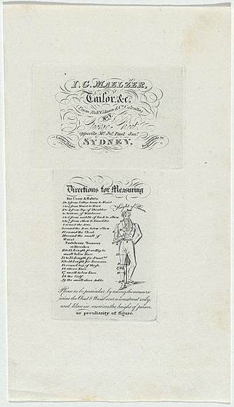 Artist: b'UNKNOWN ENGRAVER,' | Title: b'Trade card: I.G. Maelzer, Tailor. Directions for measuring' | Date: 1835 | Technique: b'engraving, printed in black ink, from one copper plate'