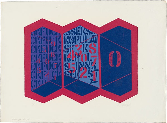 Artist: b'WALKER, Murray' | Title: b'Public graffiti - tiled walls.' | Date: 1970 | Technique: b'linocut, printed in colour, from multiple blocks'