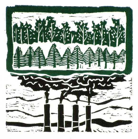 Artist: b'Wonderful Art Nuances Club.' | Title: b'not titled [Forest trees above chimneys billowing smoke]. [Poster for Environment Protest Street Exhibition and Street Theatre' | Date: (1976) | Technique: b'linocut, printed in black and green ink, from one block'