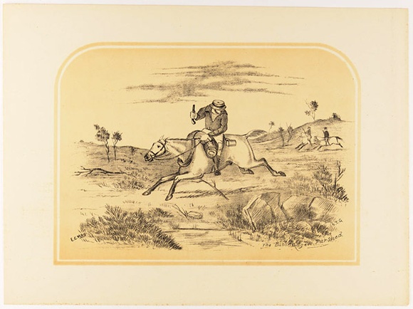 Title: b'The bushranger pursued.' | Date: c. 1889 | Technique: b'lithograph, printed in colour, from two stones (black and buff); additional hand-colouring'