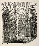 Artist: OGILVIE, Helen | Title: not titled [Wrought iron entrance gate, partly opened]. | Date: c.1947 | Technique: wood-engraving, printed in black ink, from one block