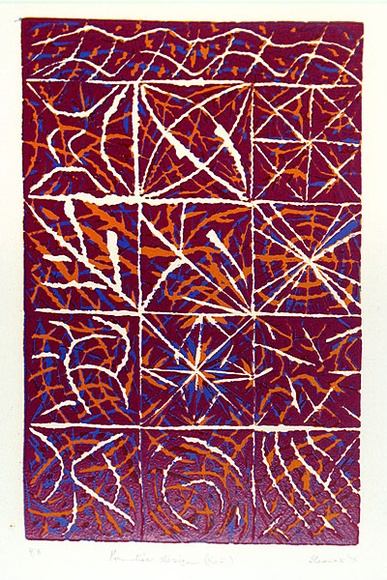 Artist: b'Shearer, Mitzi.' | Title: b'Primitive design (no.4)' | Date: 1978 | Technique: b'linocut, printed in colour, from three blocks'