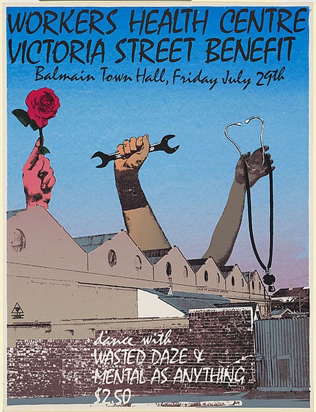 Artist: b'EARTHWORKS POSTER COLLECTIVE' | Title: b'Workers Health Centre, Victoria Street Benefit' | Date: 1977 | Technique: b'screenprint, printed in colour, from multiple stencils'