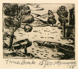 Artist: ROSENGRAVE, Harry | Title: Three boats | Date: 1955 | Technique: etching, printed in black, with plate-tone, from one plate