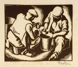 Artist: b'Hawkins, Weaver.' | Title: b'(Two men drinking from a bucket)' | Date: c.1930 | Technique: b'wood-engraving, printed in brown ink, from one block' | Copyright: b'The Estate of H.F Weaver Hawkins'