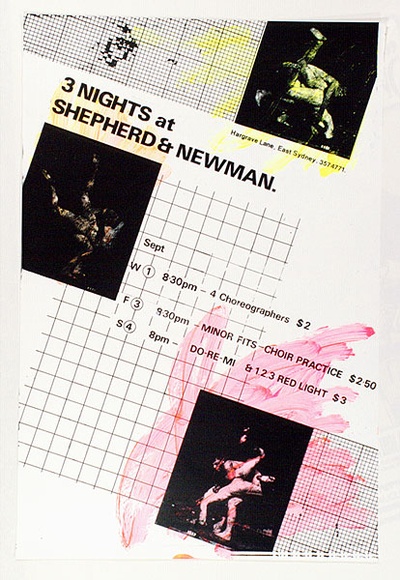 Artist: b'MERD INTERNATIONAL' | Title: b'Poster: Three nights at Shepherd and Newman' | Date: 1984 | Technique: b'screenprint'