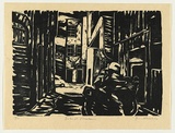 Artist: b'AMOR, Rick' | Title: b'Behind Chinatown.' | Date: 1990 | Technique: b'woodcut, printed in black ink, from one block'