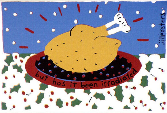 Artist: b'Jill Posters.' | Title: b'Postcard: But has it been irradiated' | Date: 1983-87 | Technique: b'screenprint, printed in colour, from four stencils'